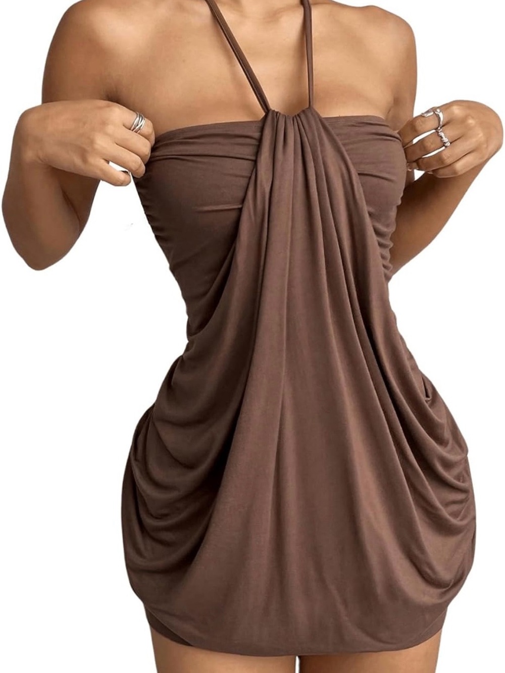Brown Halter Strap Draped Mini Dress